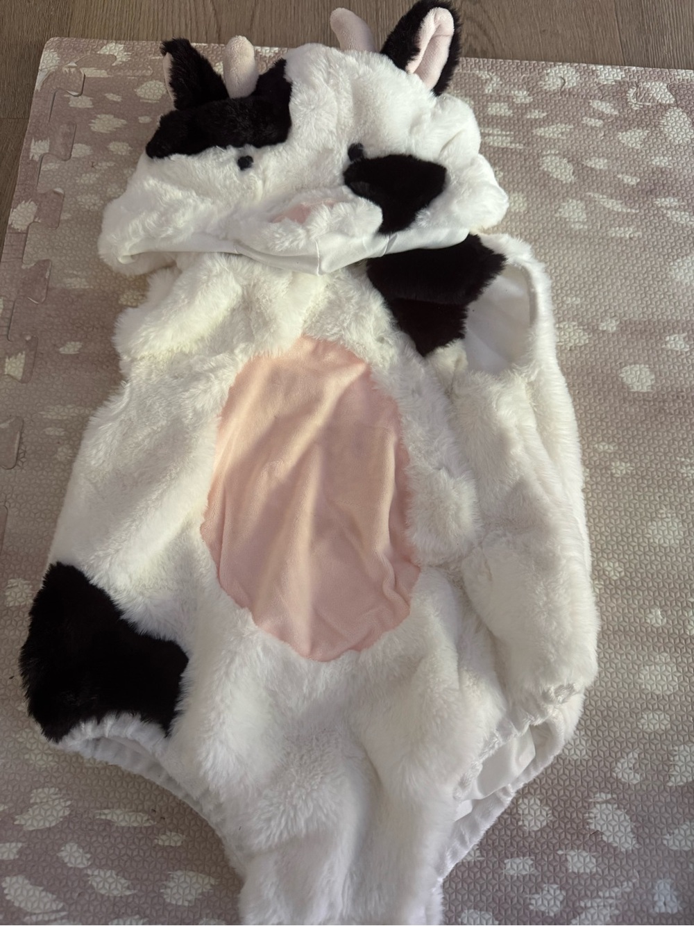 Pottery Barn Kids Cow Plush Hooded Romper - White, Black & Pink